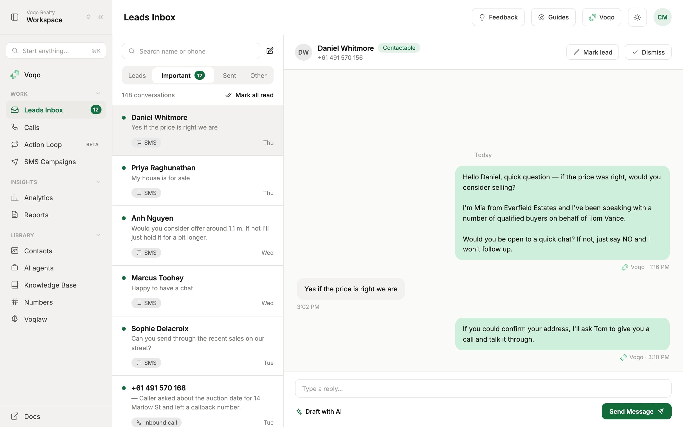 The Voqo leads inbox, showing SMS replies from sellers