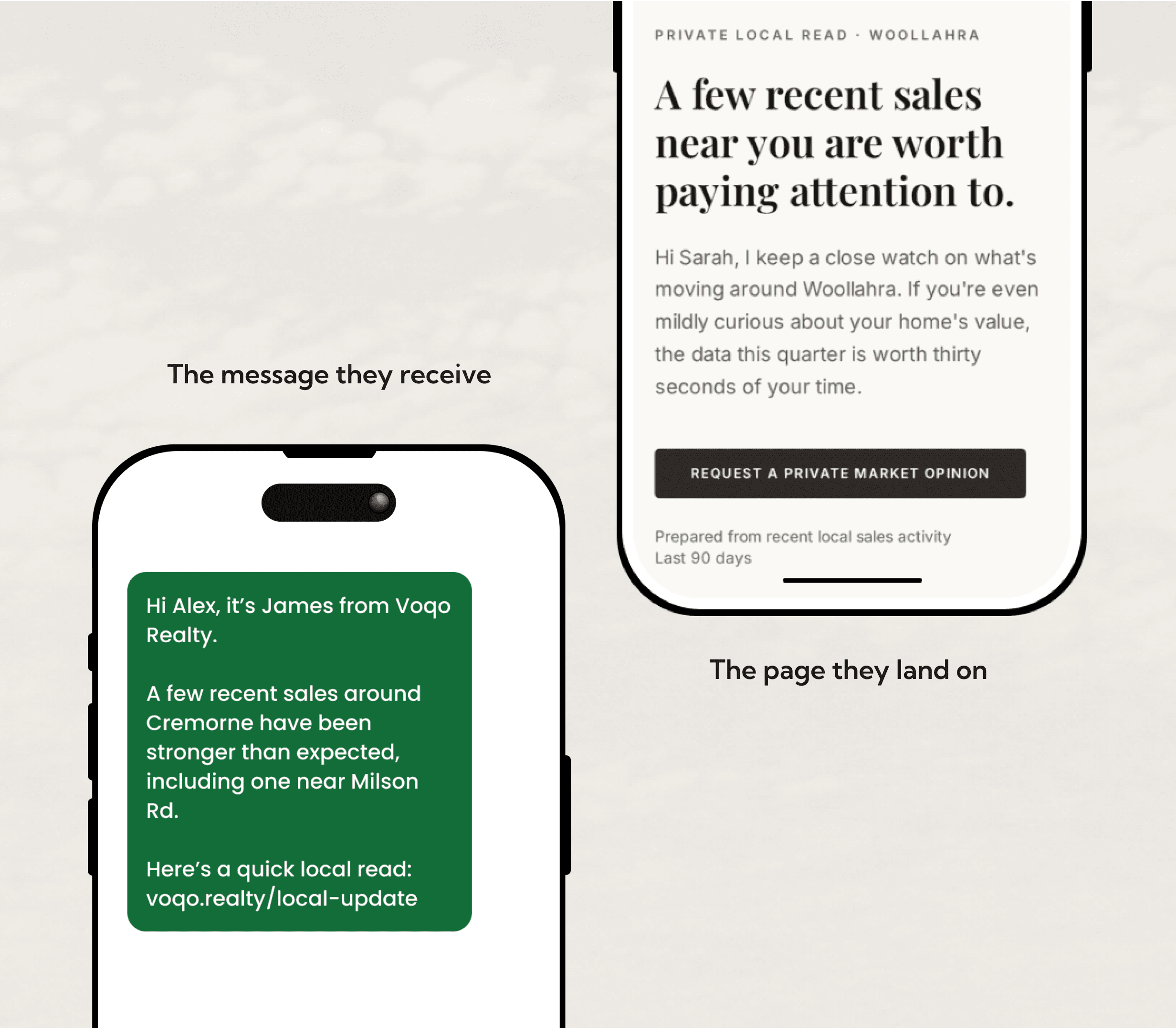 SMS prospecting message and landing page preview