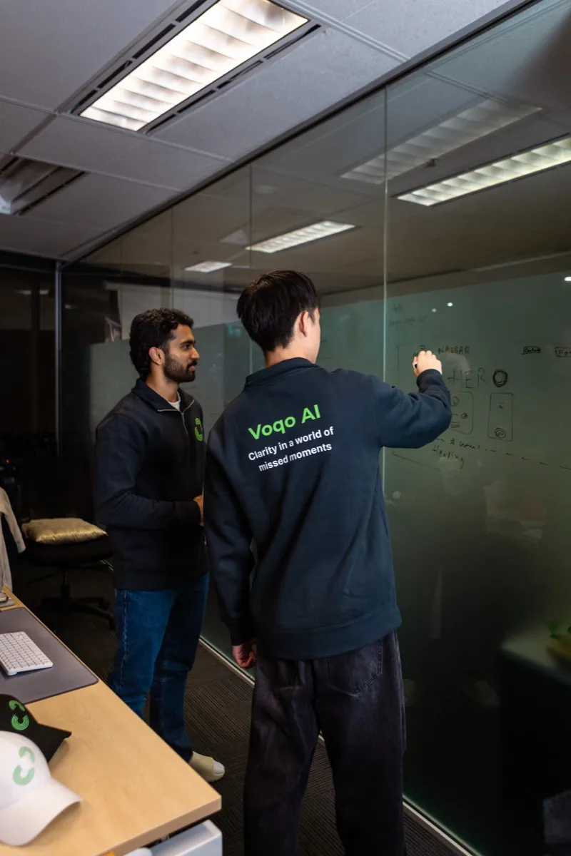 Voqo AI team planning at a whiteboard